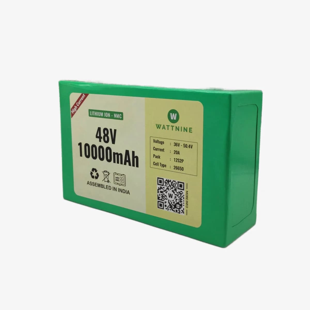 WATTNINE® 48V 10Ah Rechargeable Lithium Ion Battery Pack with 3 year Warranty