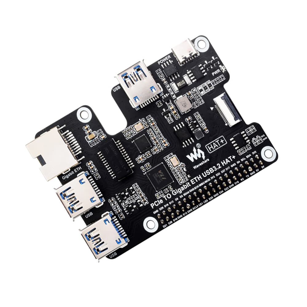 Waveshare PCIe To Gigabit Ethernet And USB 3.2 Gen1 HAT For Raspberry Pi 5, 3x USB 3.2 Gen1, 1x Gigabit Ethernet, Driver-Free, Plug And Play, Raspberry Pi 5 PCIe HAT
