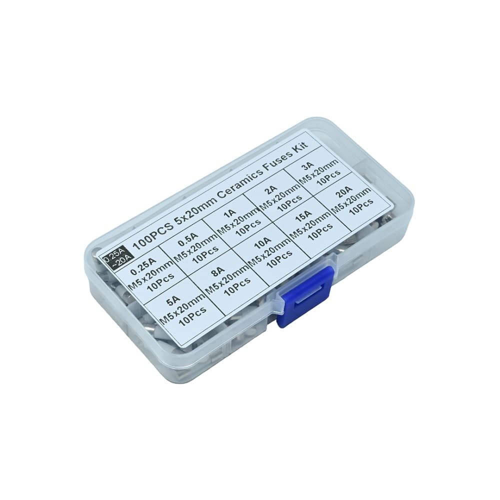 100pcs Ceramic Fuse Tube Kit 5×20 mm - 10 Values (0.25-20A), 250V