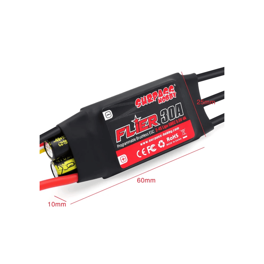 SURPASS Flier 30A ESC Li:2-4S NiNh:5-12NC SBEC:5.5V/4A 60*25*10mm 3.5 Connector