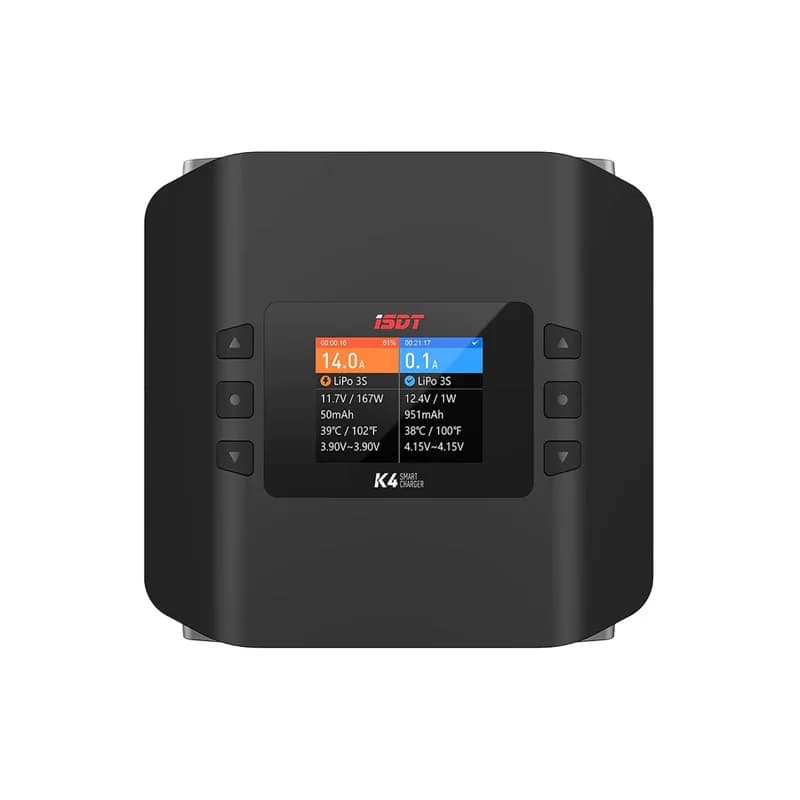 ISDT K4 Dual‑Channel 2x400W AC / 2x600W DC High‑Power Charger – 20A x2, Supports 1–8S LiPo/LiFe/LiIon
