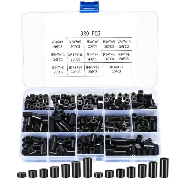 Black Nylon Round Spacer Not Threaded Assortment Kit - 320pcs