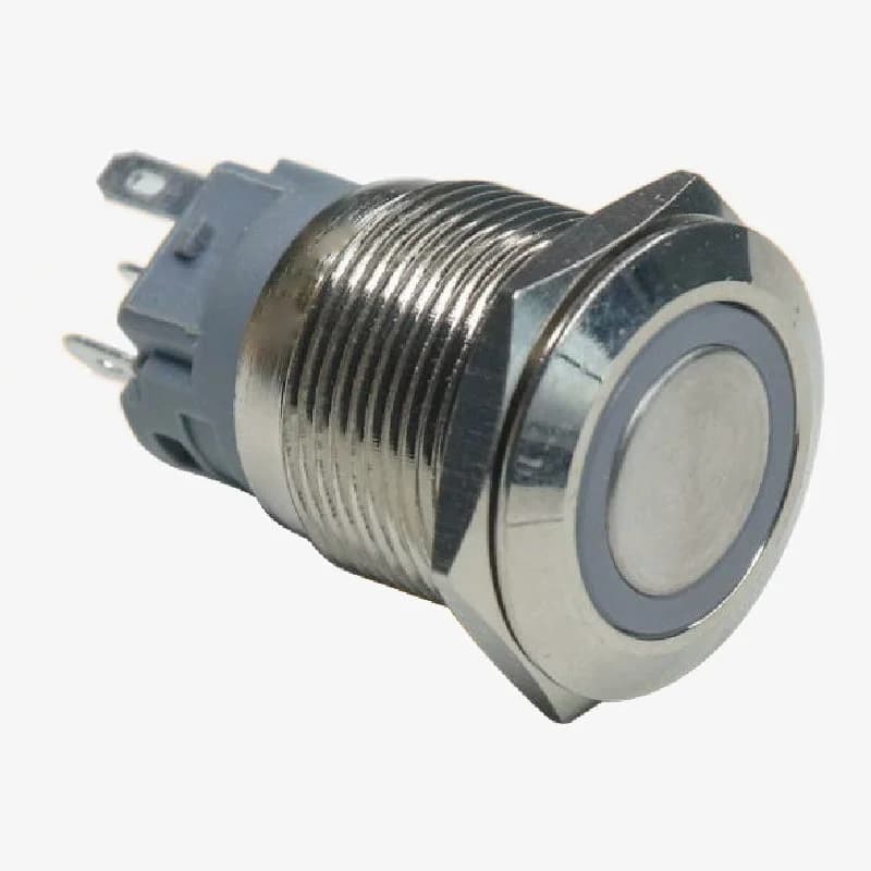 Flat Head 12mm 12V Ring Light Self-Lock Non-Momentary Metal Push-Button Switch - Yellow Light (5Pins NO and NC)