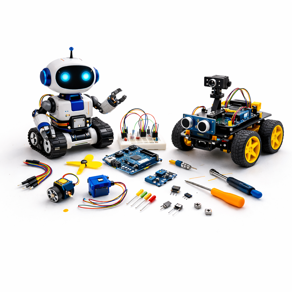 DIY maker kit with robot rover, drone components, sensors, motors and electronics for STEM learning